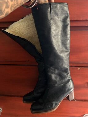 Women's Black Shearling-Lined Leather Knee-High Heeled Boots